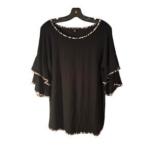 Cable & Gauge Shirt Top Blouse Black With Animal Print Trim Layered Bell Sleeves